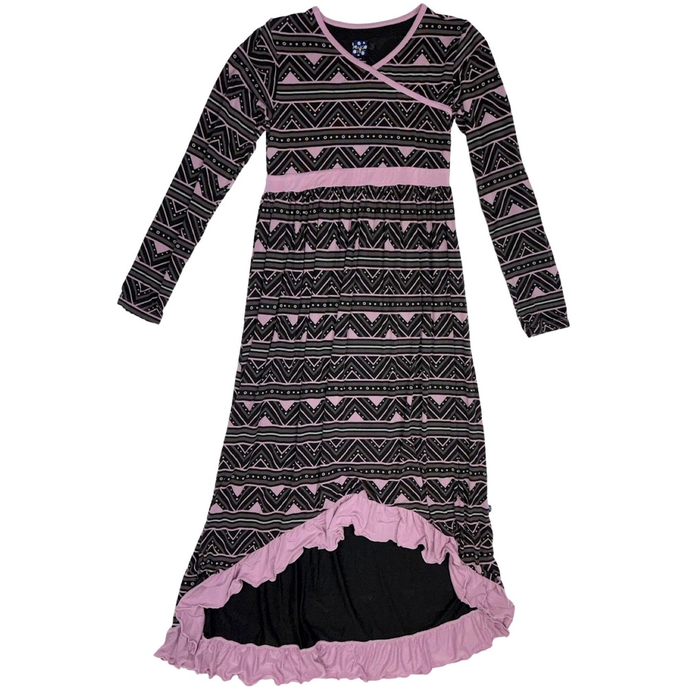 KicKee Pants Girls 14 16 Long‎ Sleeve Bamboo Dress Gray Purple Hi Low Ruffled